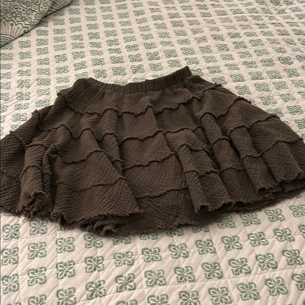 DREW army green colored Mini Skirt with Ruffled Tiers